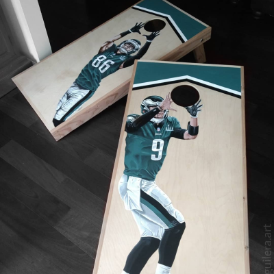 Custom cornhole of Nick Foles and Zach Ertz